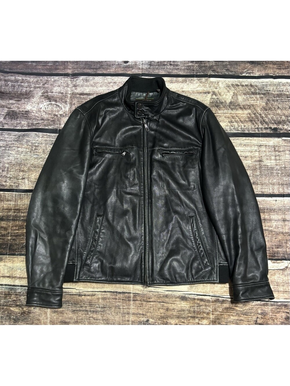 Joseph Abboud Collection Leather Jacket Mens Large Full Zip Biker Black